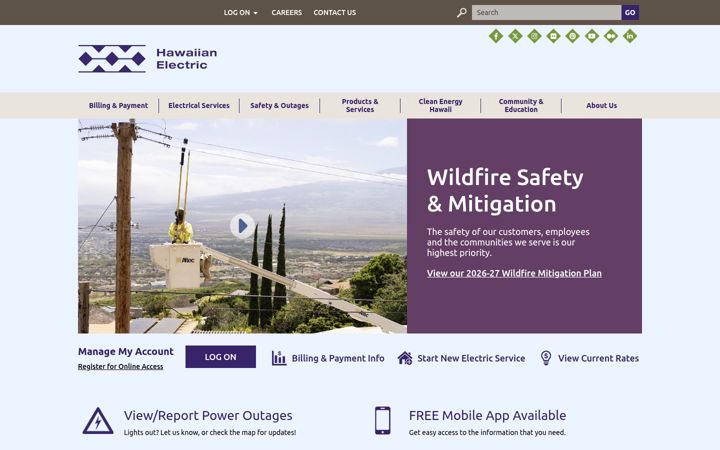 Kuvakaappaus sivustosta hawaiianelectric.com