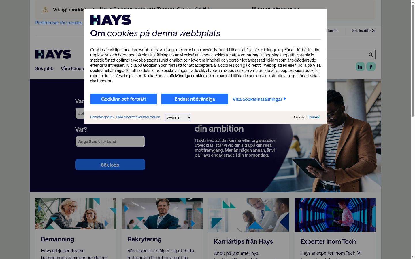 Skärmbild av samtyckesbannern som visades före någon interaktion
