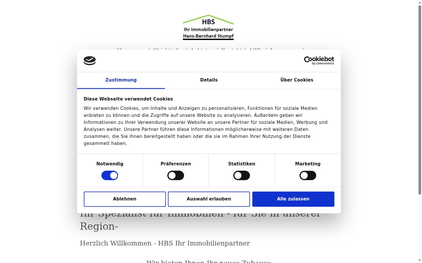 Screenshot des Einwilligungsbanners vor jeglicher Interaktion
