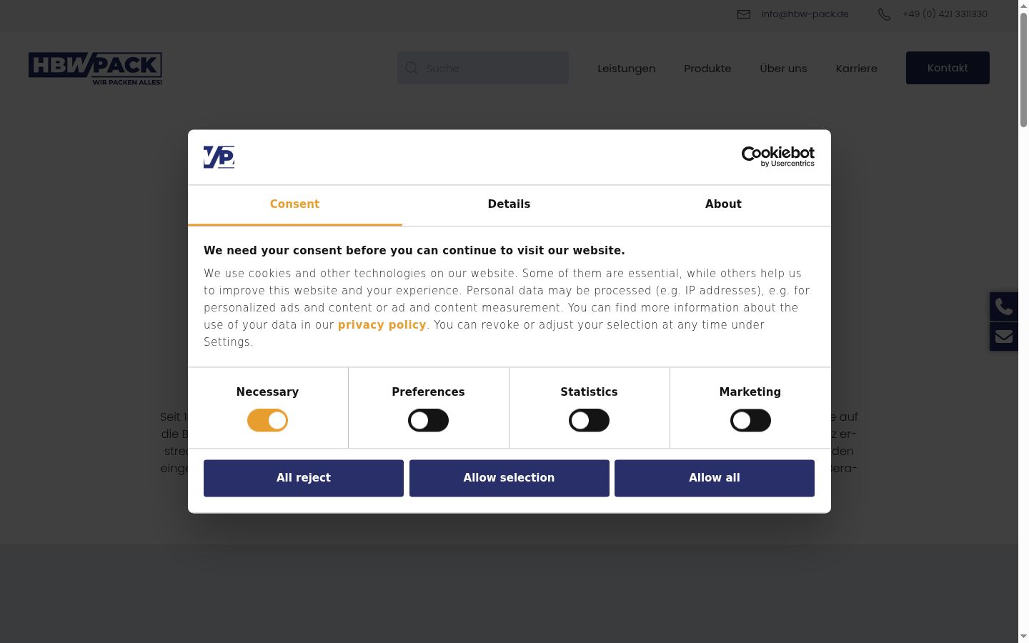 Screenshot del banner di consenso mostrato prima di qualsiasi interazione