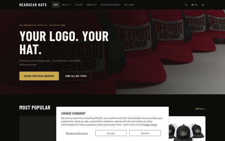 Screenshot of headgearhats.com