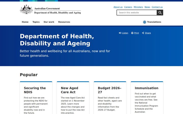 Kuvakaappaus sivustosta health.gov.au