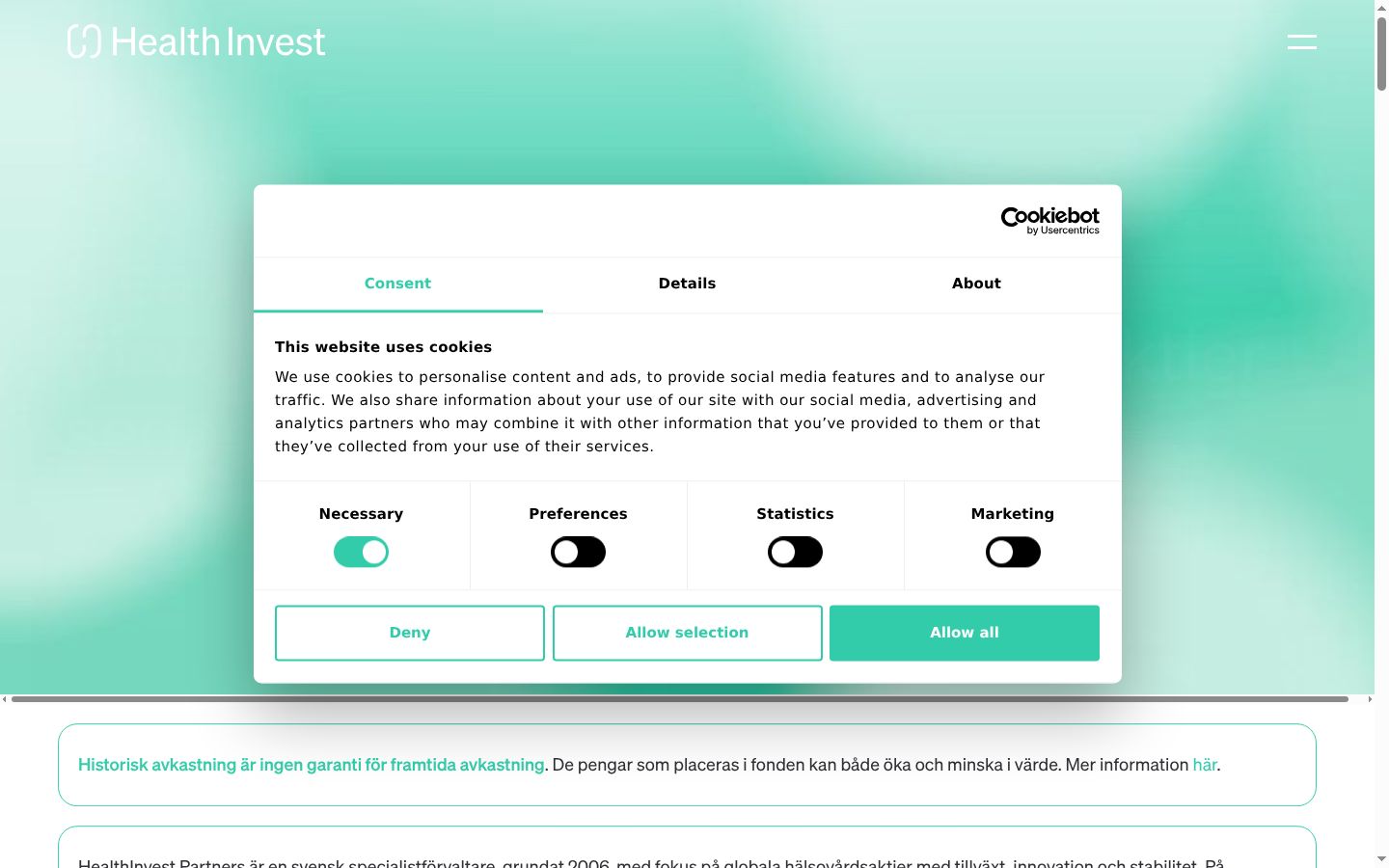 Screenshot del banner di consenso mostrato prima di qualsiasi interazione