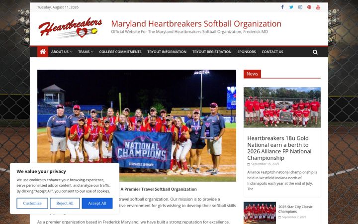 Screenshot of heartbreakersoftball.com
