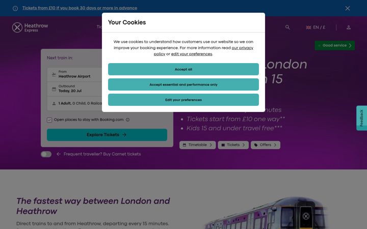 Screenshot of heathrowexpress.com