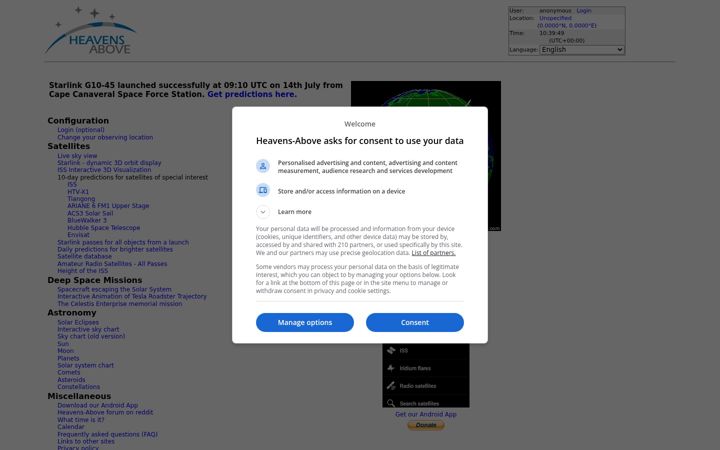 Screenshot of heavens-above.com