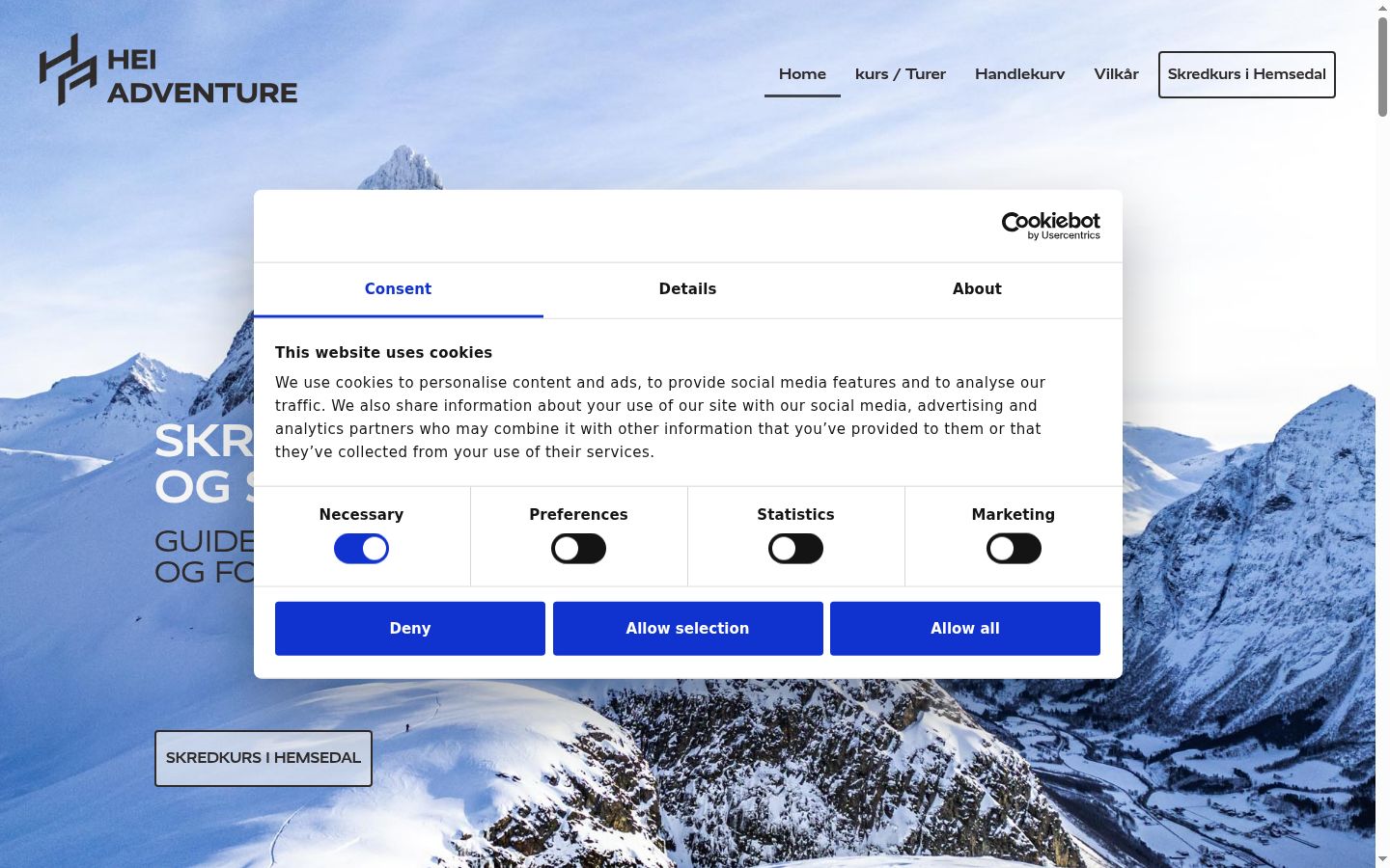 Screenshot del banner di consenso mostrato prima di qualsiasi interazione