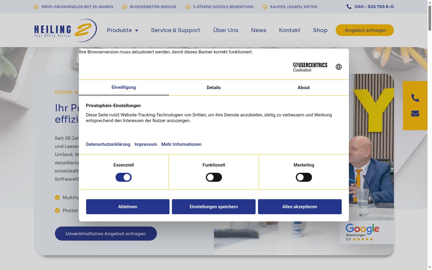 Screenshot des Einwilligungsbanners vor jeglicher Interaktion