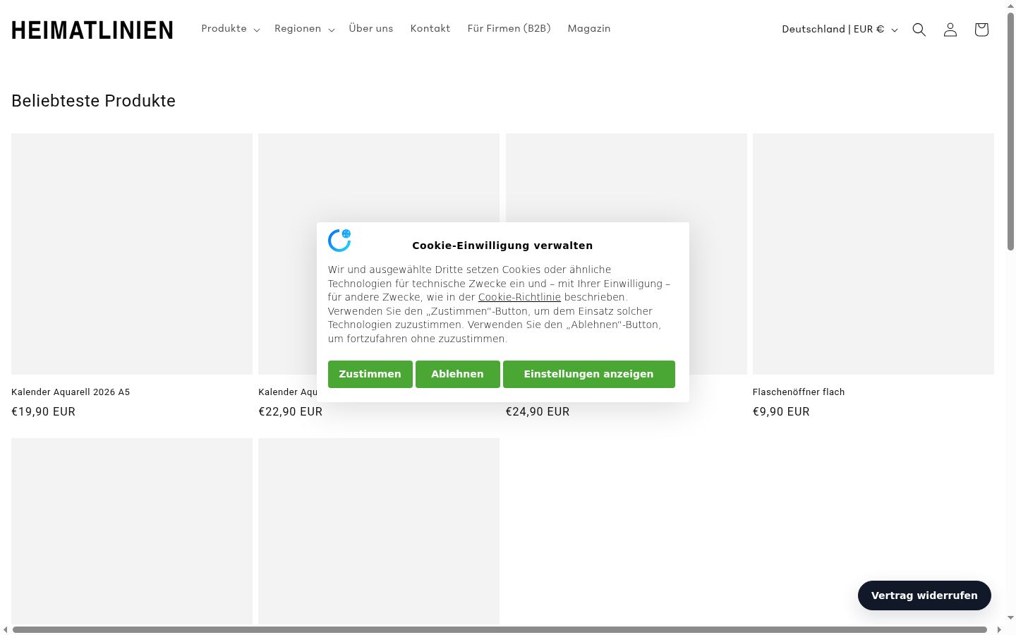 Screenshot des Einwilligungsbanners vor jeglicher Interaktion