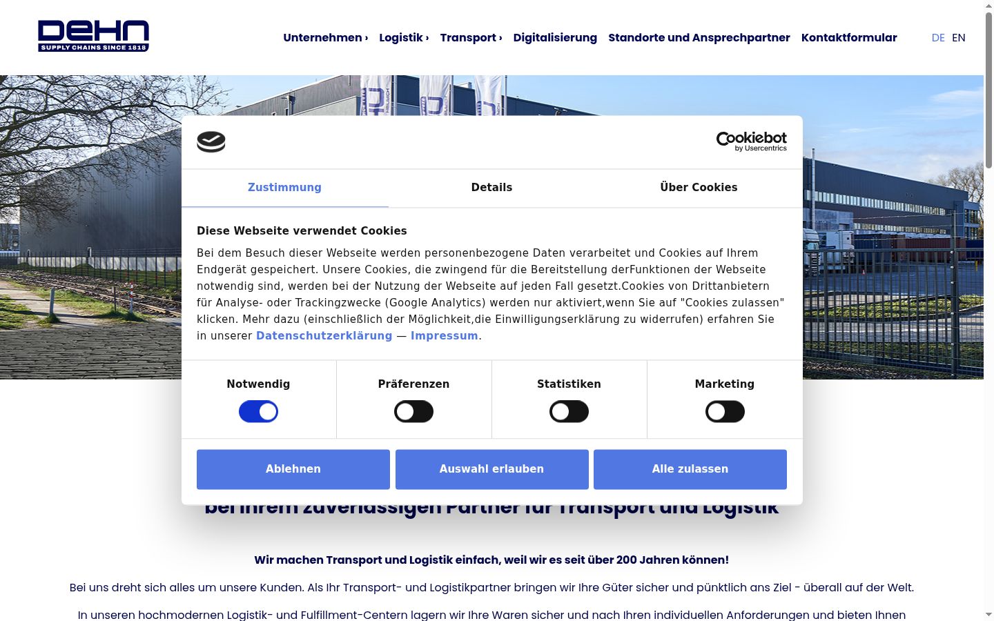 Screenshot des Einwilligungsbanners vor jeglicher Interaktion