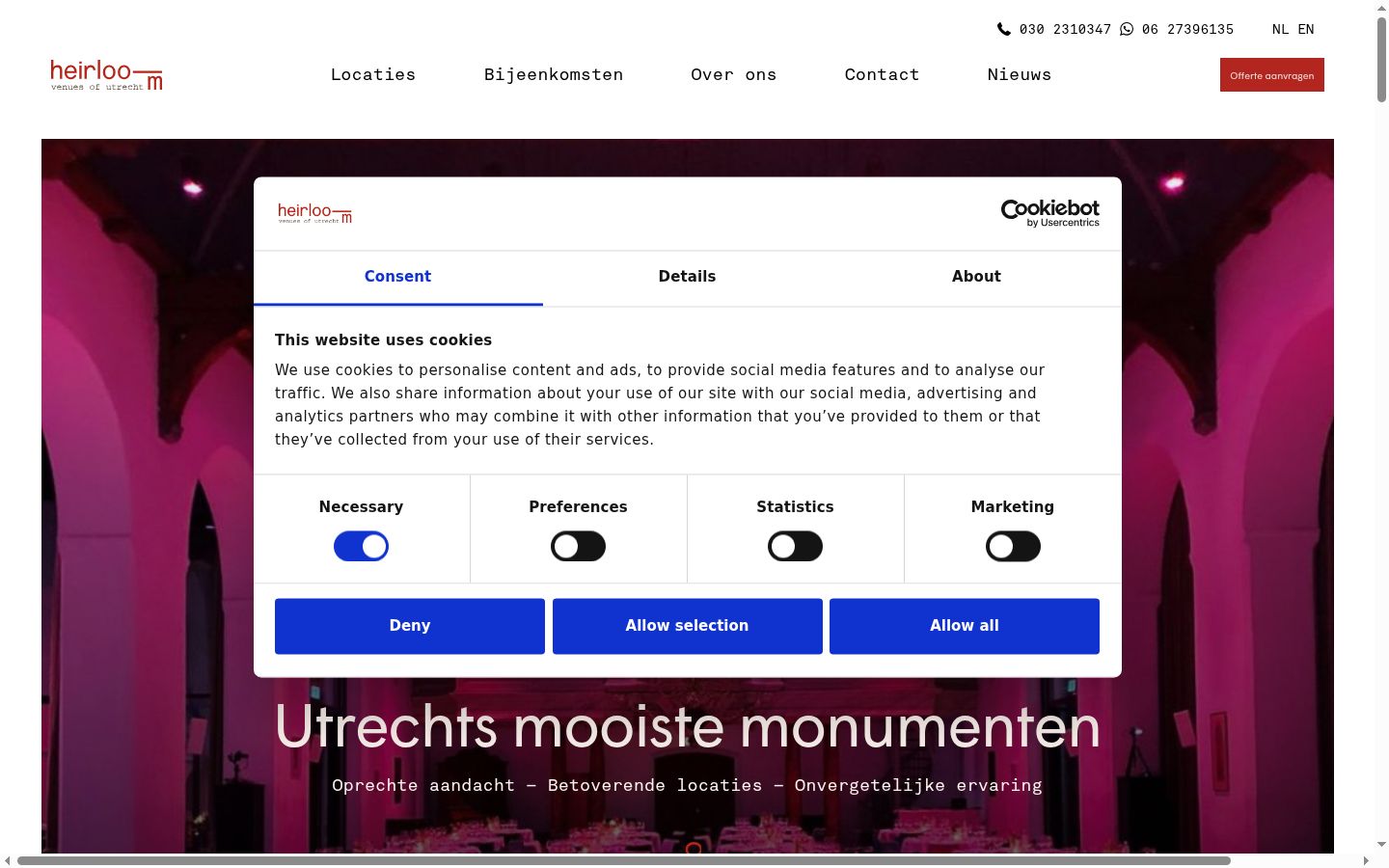 Captura de ecrã do banner de consentimento apresentado antes de qualquer interação