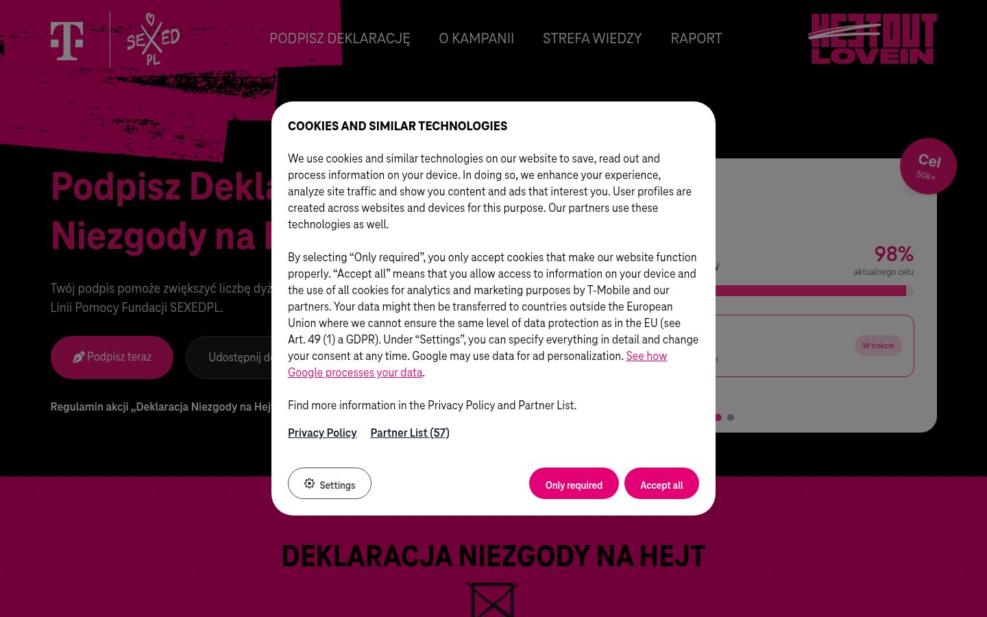 Képernyőkép a bármilyen interakció előtt megjelenő hozzájárulási bannerről