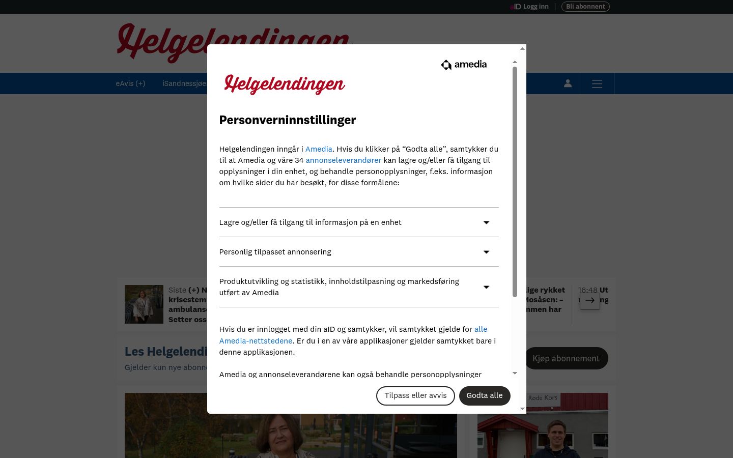 Kuvakaappaus suostumusbannerista, joka näytettiin ennen mitään vuorovaikutusta
