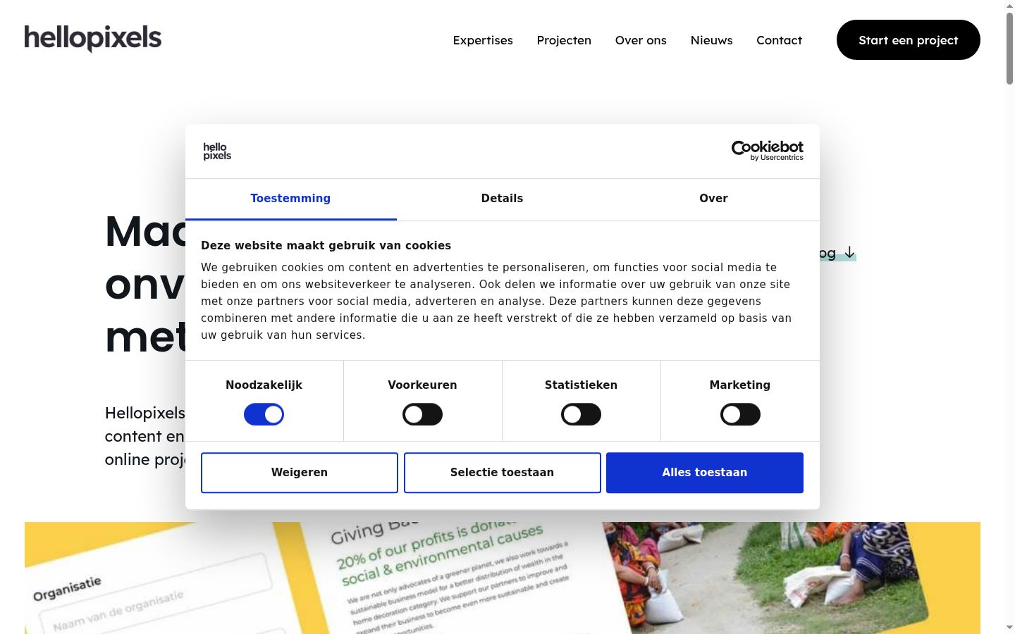 Screenshot van de toestemmingsbanner zoals getoond vóór enige interactie