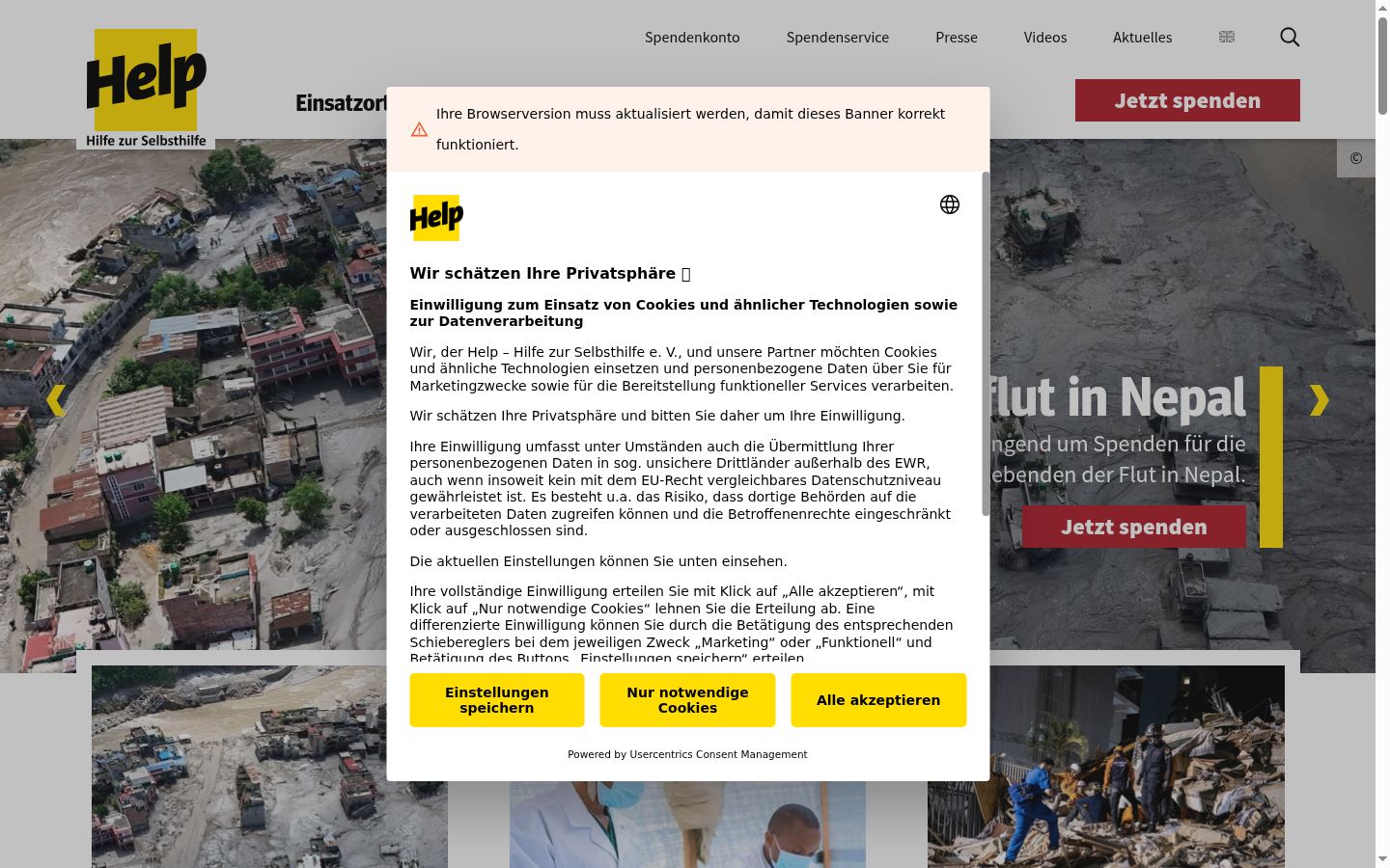 Ekrānuzņēmums ar piekrišanas baneri, kas tika rādīts pirms jebkādas mijiedarbības