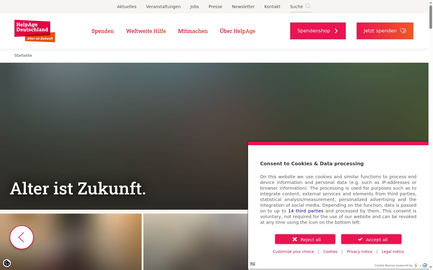Screenshot del banner di consenso mostrato prima di qualsiasi interazione