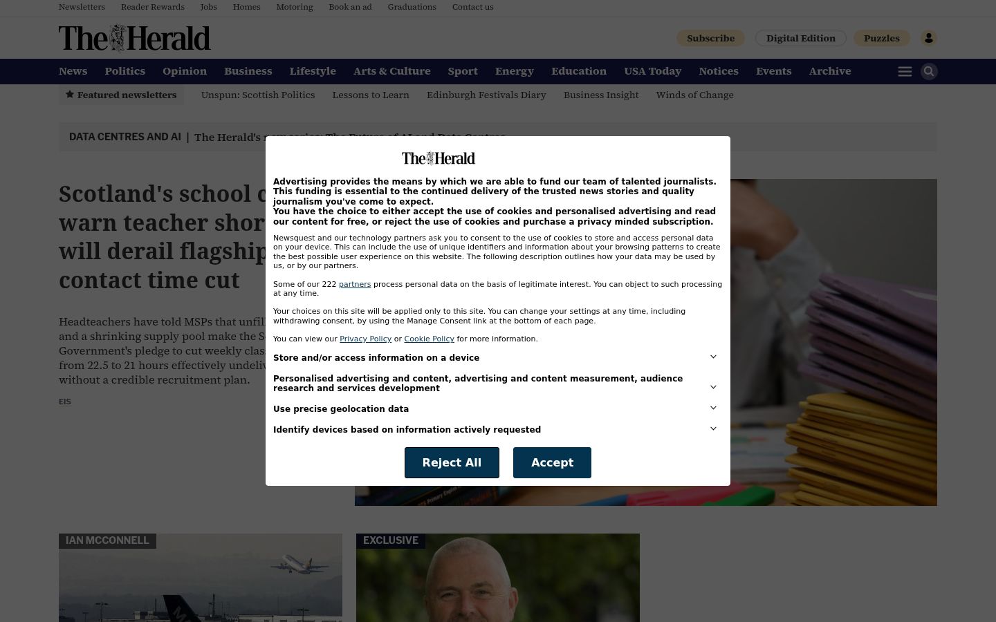 Screenshot del banner di consenso mostrato prima di qualsiasi interazione