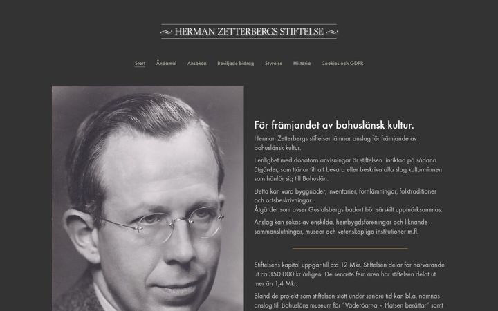 Screenshot of hermanzetterbergstiftelsen.se