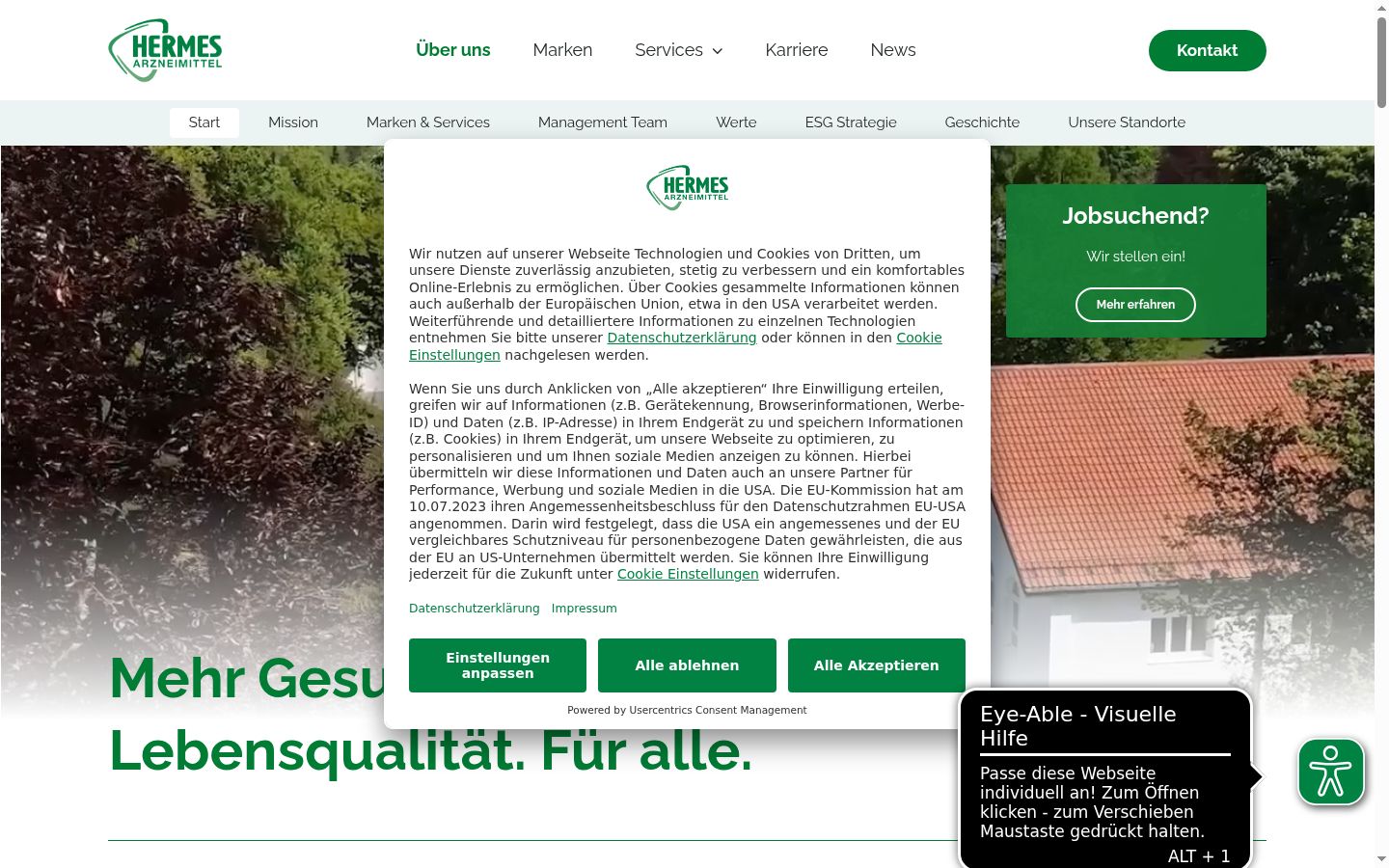 Screenshot des Einwilligungsbanners vor jeglicher Interaktion
