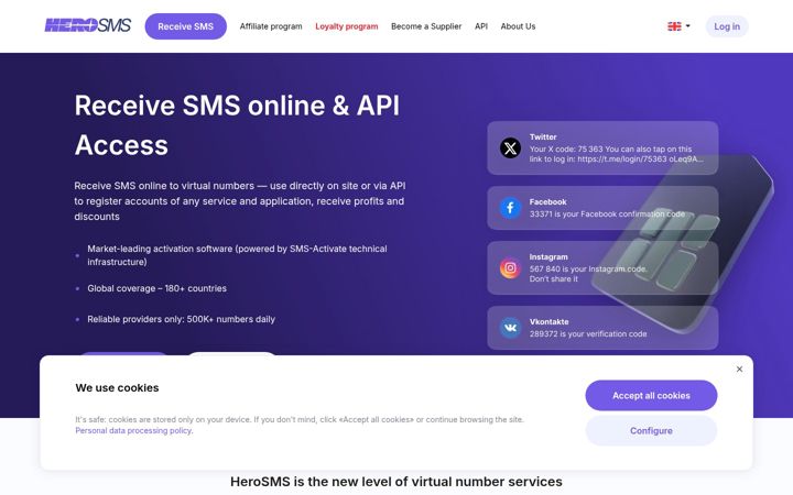 Screenshot of hero-sms.com