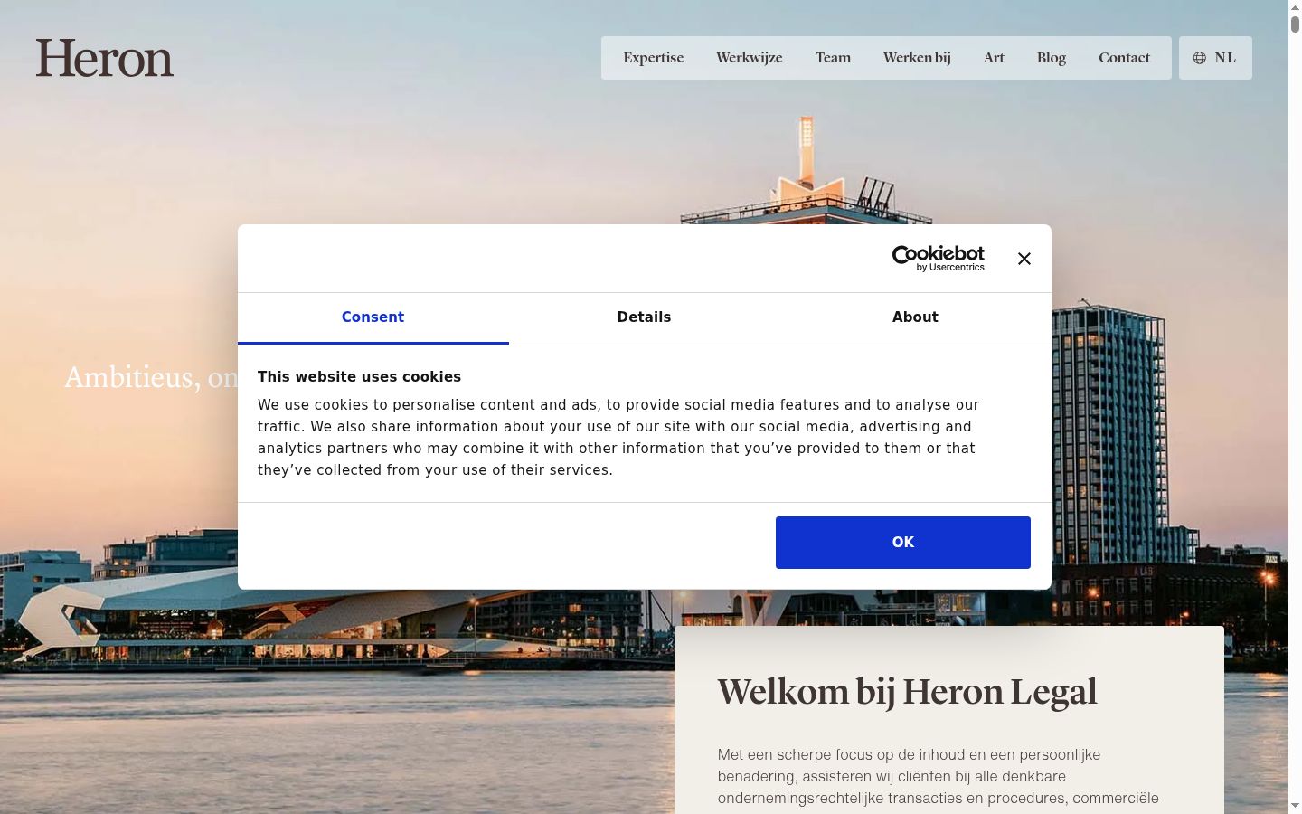 Skærmbillede af samtykkebanneret, som det blev vist før nogen interaktion