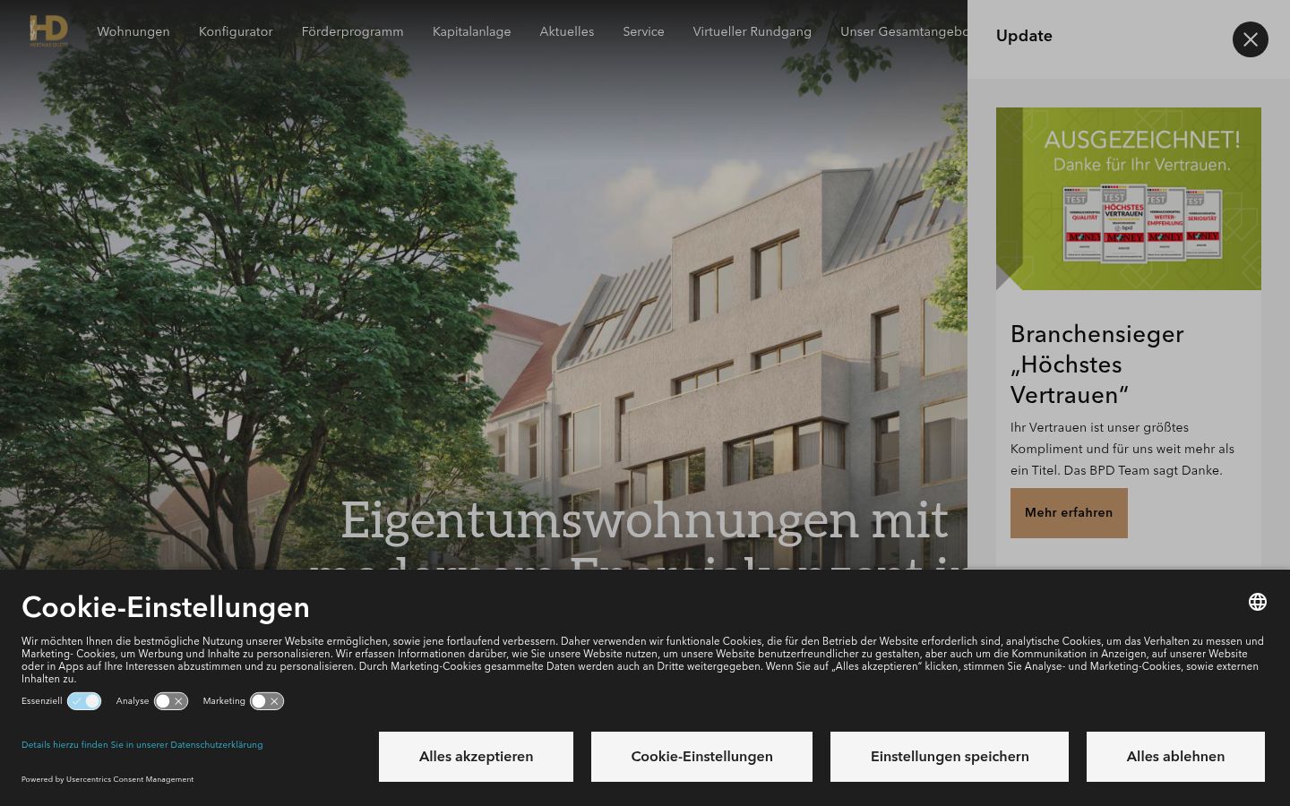 Screenshot des Einwilligungsbanners vor jeglicher Interaktion