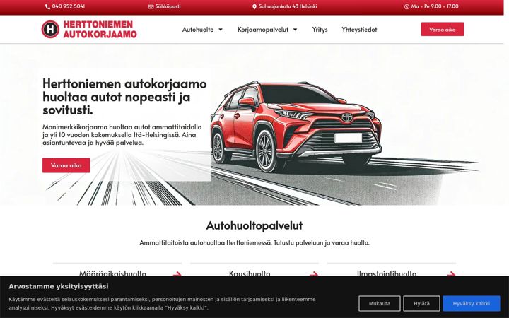Screenshot of herttoniemenautokorjaamo.fi