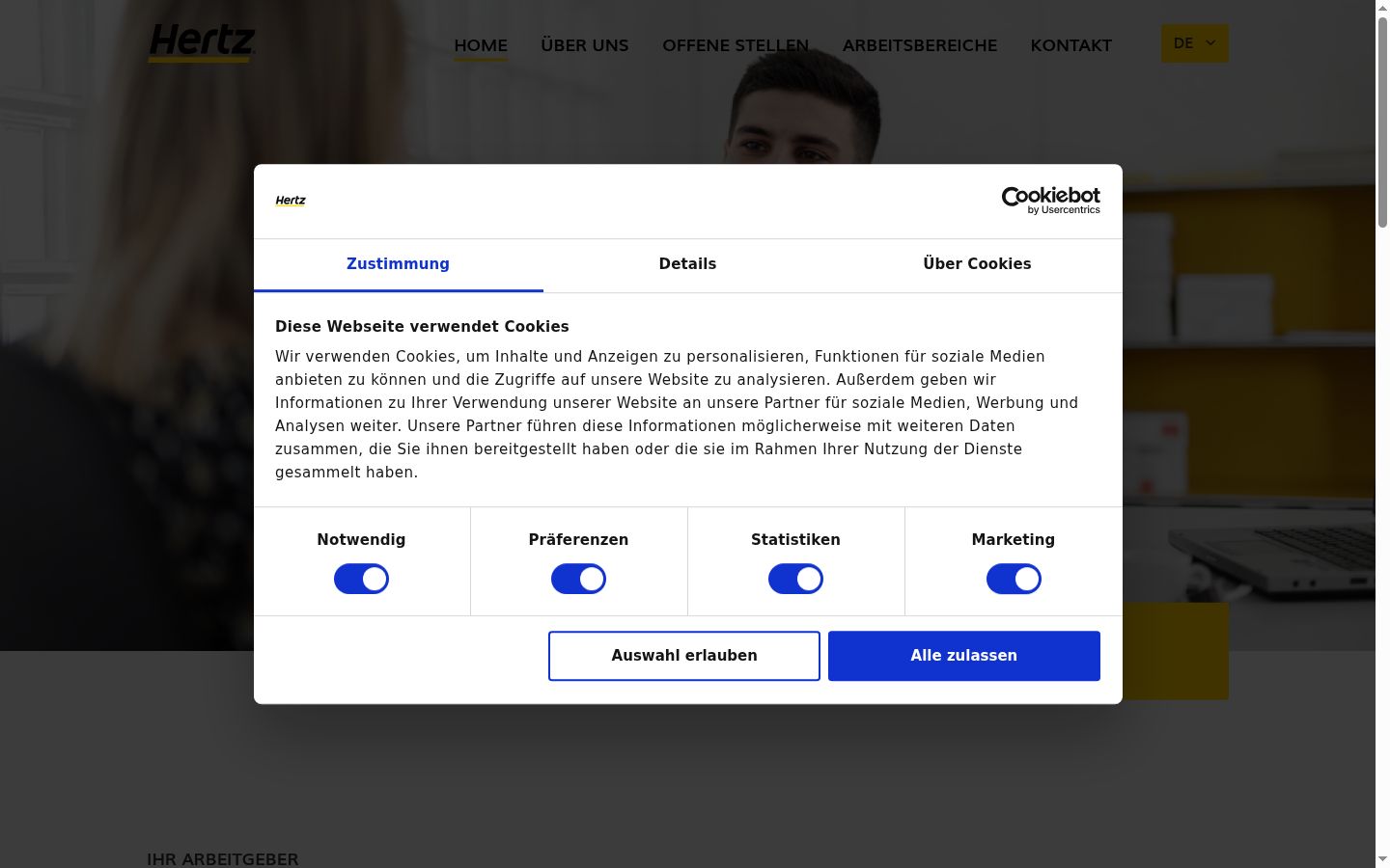 Screenshot des Einwilligungsbanners vor jeglicher Interaktion
