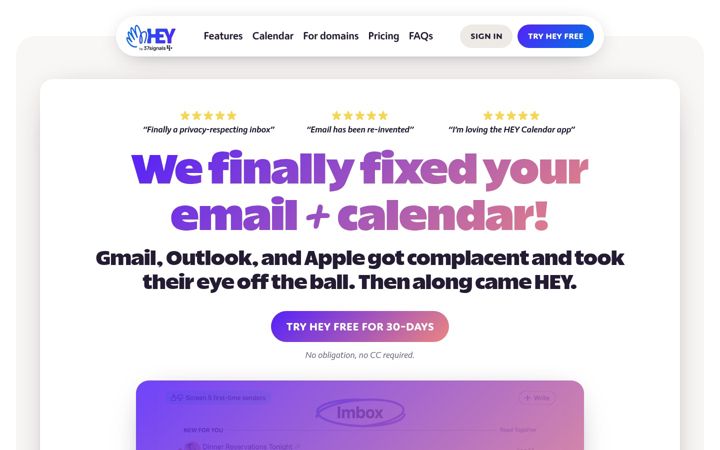 Ekrānuzņēmums no hey.com