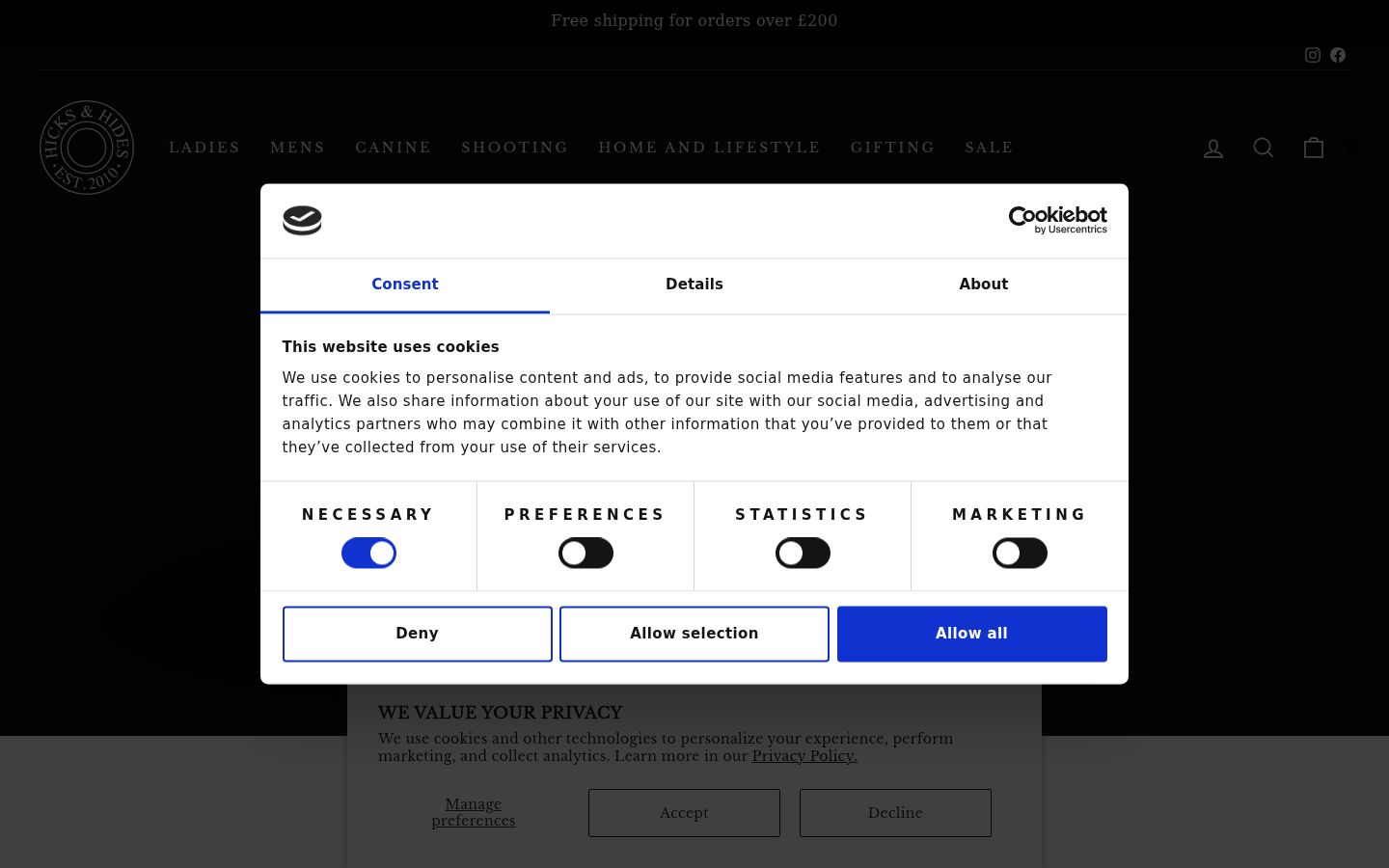 Screenshot del banner di consenso mostrato prima di qualsiasi interazione