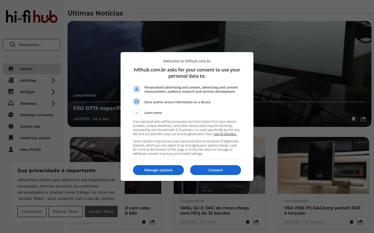 Screenshot del banner di consenso mostrato prima di qualsiasi interazione