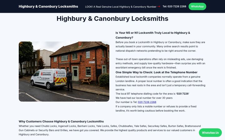 Screenshot of highburyandcanonburylocksmiths.co.uk