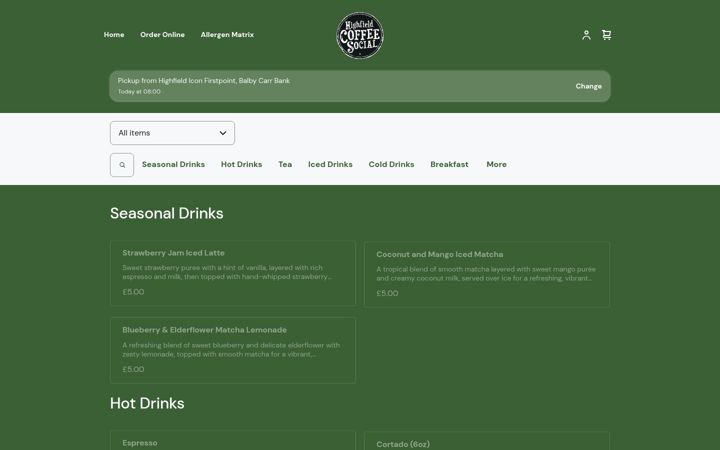 Screenshot of highfield-coffee-social-menu.square.site
