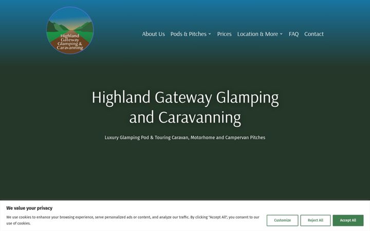 Screenshot of highlandgatewayglamping.co.uk