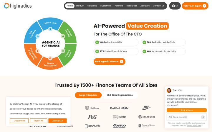 Kuvakaappaus sivustosta highradius.com