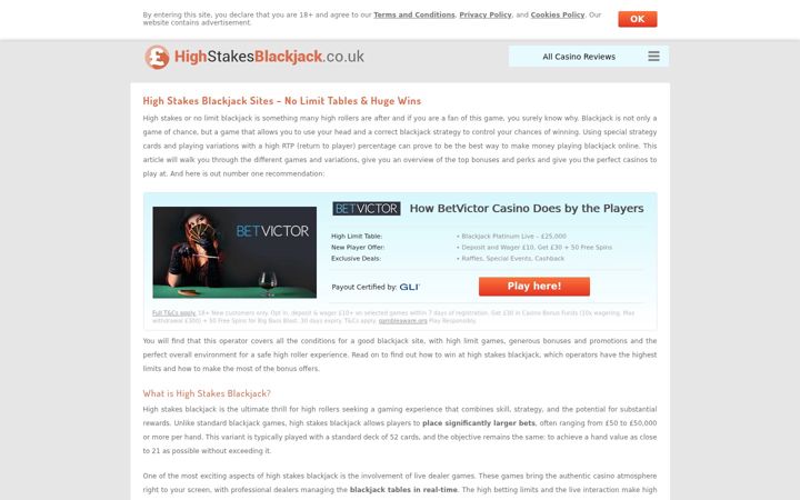 Screenshot of highstakesblackjack.co.uk