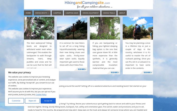 Screenshot of hikingandcampingsite.com