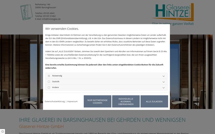 Screenshot of hintzeglas.de