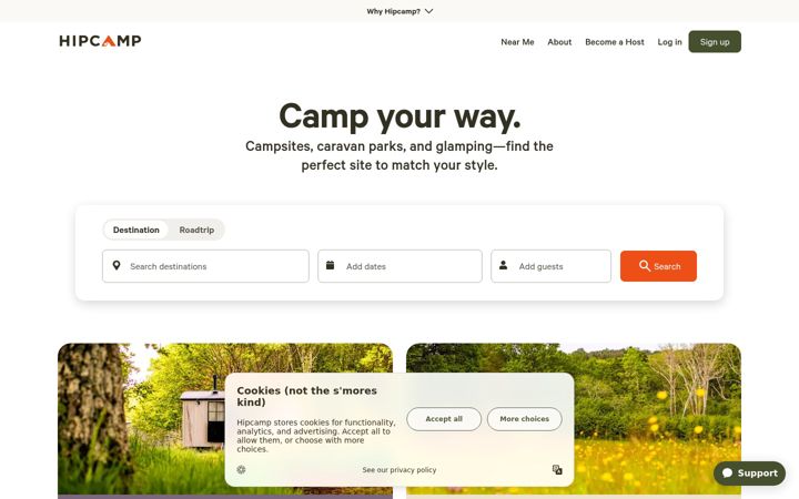 Ekrano kopija hipcamp.com