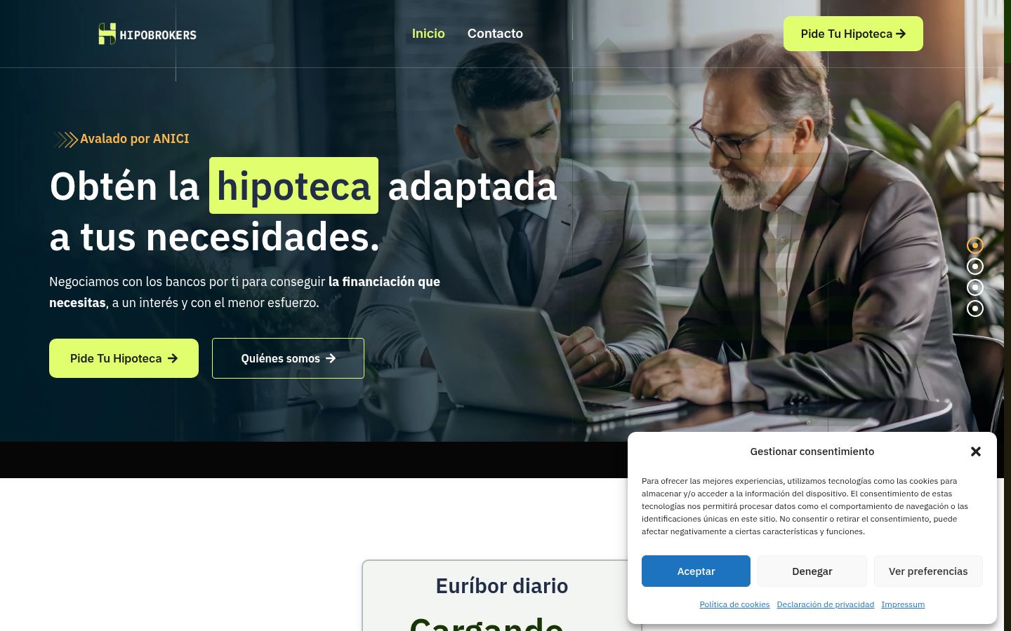 Captura de pantalla del banner de consentimiento mostrado antes de cualquier interacción