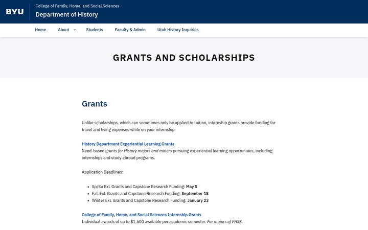 Screenshot of historyfunding.byu.edu