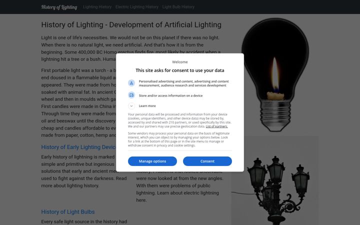 Screenshot of historyoflighting.net