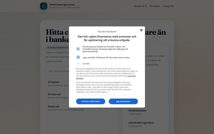 Screenshot of hittaclearingnummer.se