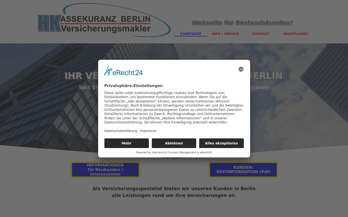 Screenshot des Einwilligungsbanners vor jeglicher Interaktion