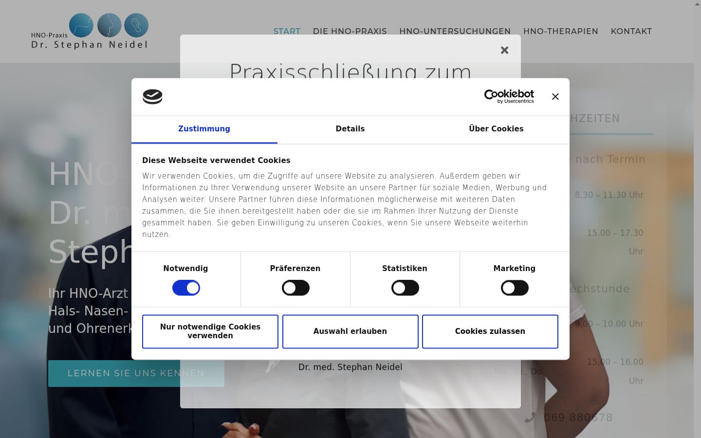 Screenshot des Einwilligungsbanners vor jeglicher Interaktion