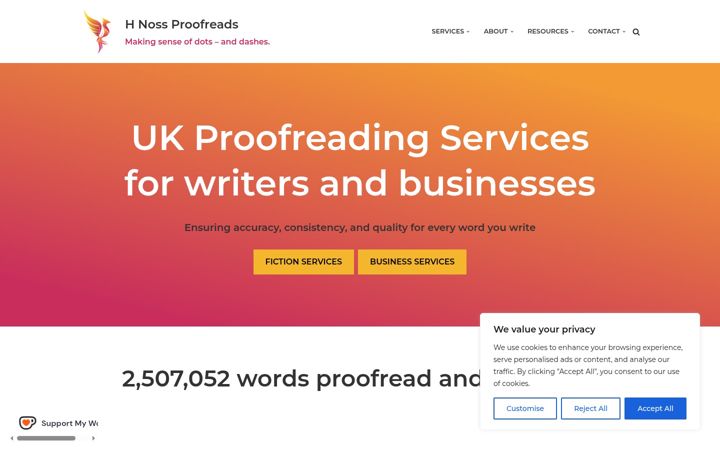 Screenshot of hnossproofreads.co.uk