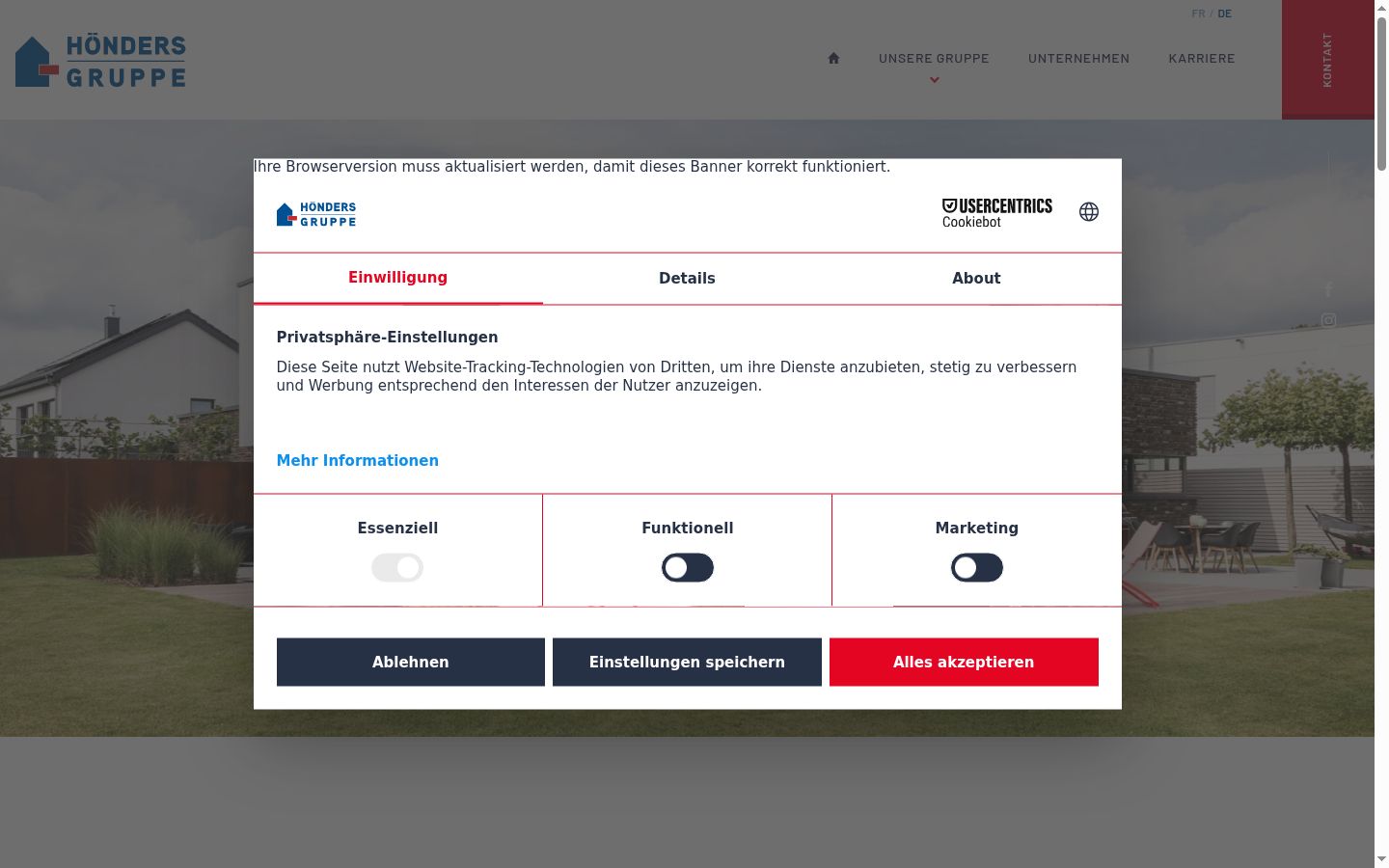 Captura de ecrã do banner de consentimento apresentado antes de qualquer interação