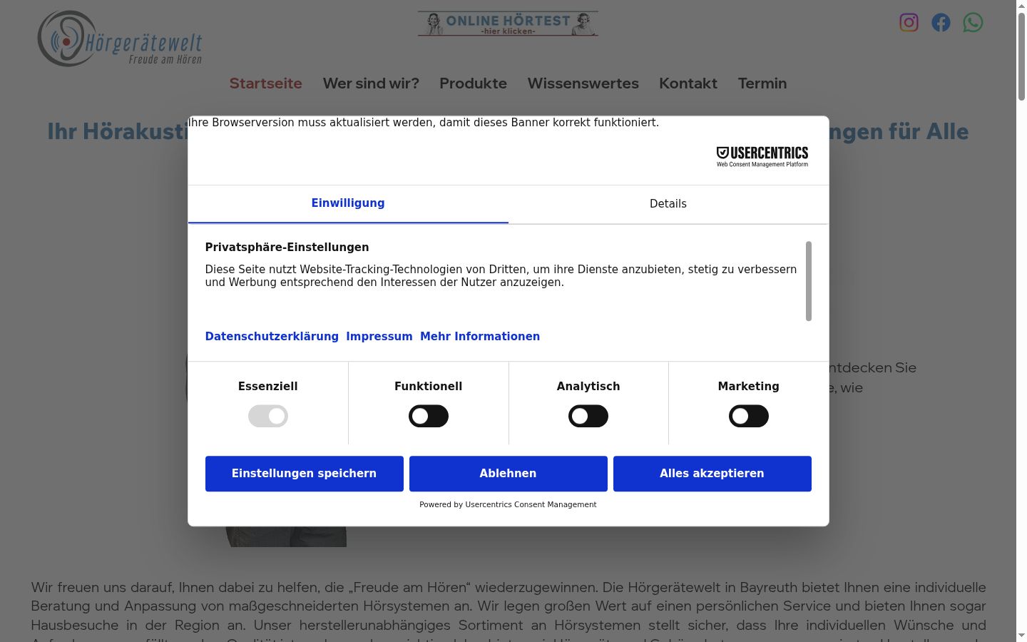 Screenshot des Einwilligungsbanners vor jeglicher Interaktion