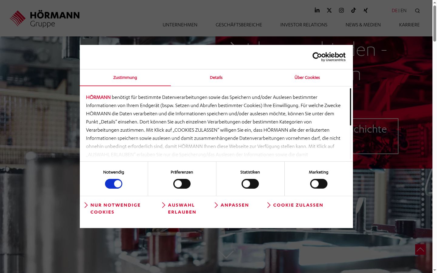 Captura de pantalla del banner de consentimiento mostrado antes de cualquier interacción