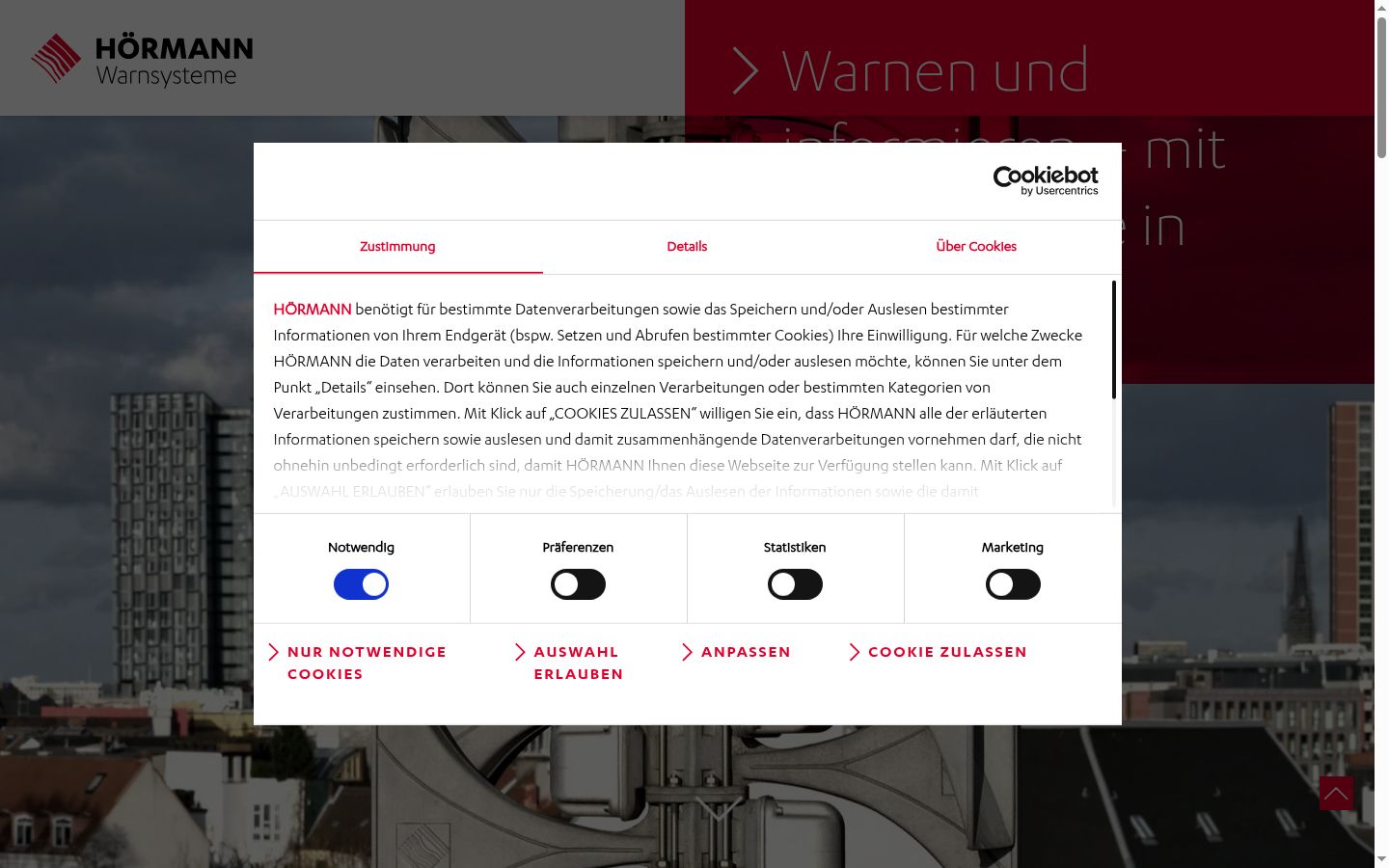 Screenshot des Einwilligungsbanners vor jeglicher Interaktion